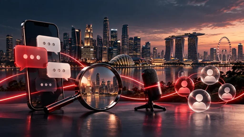 Affiliate Acquisition in ASEAN: Search, Telegram, KOLs and Communities Editorial illustration combining search, messaging, creator media and community connections.