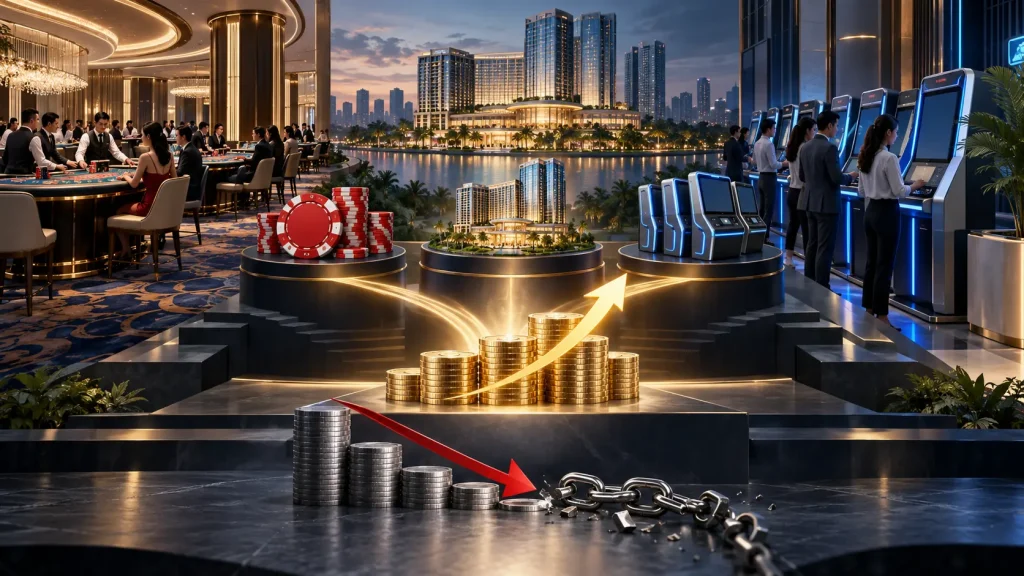 Belle Profit Rises 32% as Lottery Rentals Offset Softer Manila Gaming Share Conceptual editorial illustration of Belle Corporation balancing casino participation, property income and lottery equipment rentals as debt declines.