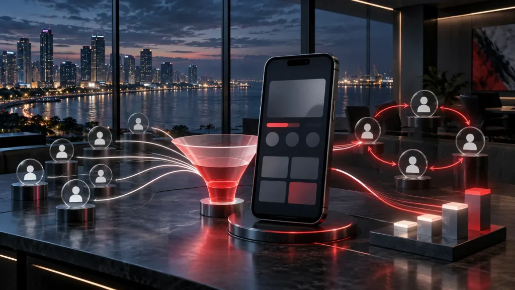 Conceptual editorial illustration of a mobile gaming platform connected to an audience funnel, retention loop and investment indicators overlooking Manila.