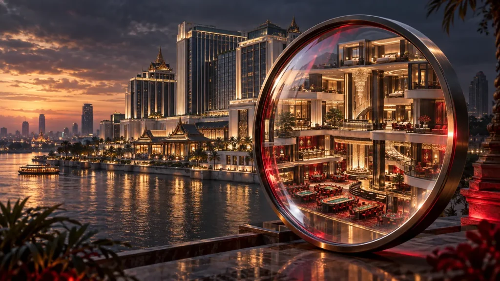 Conceptual editorial illustration of a Phnom Penh casino resort viewed through an analytical glass lens.