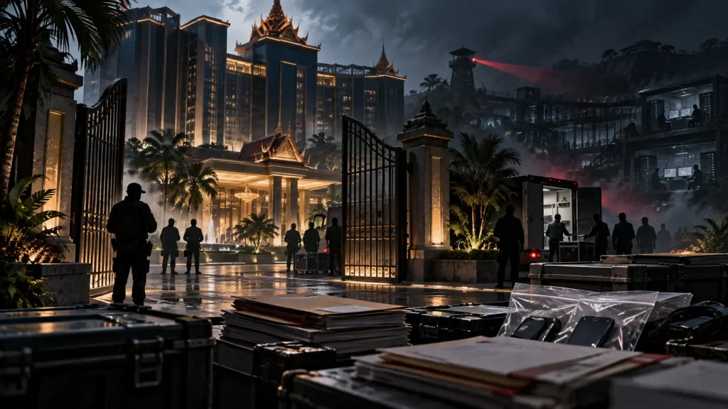 Cambodia’s Casino Crackdown Now Faces an Accountability Test Conceptual editorial illustration of an inspection at a Cambodian casino complex, with evidence files and obscured digital infrastructure beyond an open gate.