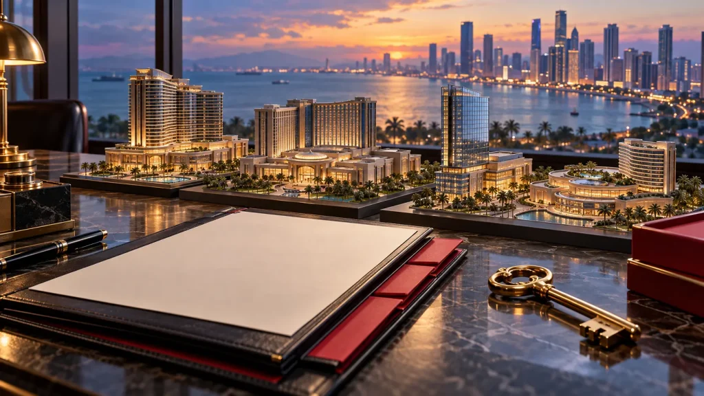 PAGCOR Targets 2027 Casino Exit as Buyers Eye Casino Filipino Assets Conceptual editorial illustration of Philippine casino hotel models, a contract folder and a brass key on a transaction desk overlooking a coastal skyline.