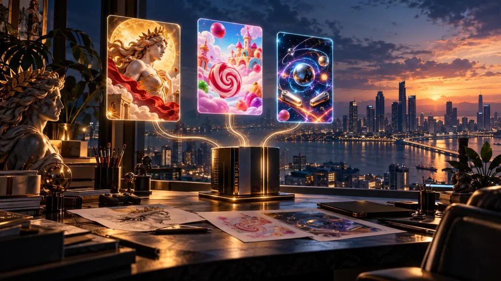 DELULU Adds QTech Distribution for Its Five-Game Portfolio Conceptual editorial illustration of mythology, candy and cosmic game-art panels connected to a server on a studio desk overlooking a Manila-inspired skyline.