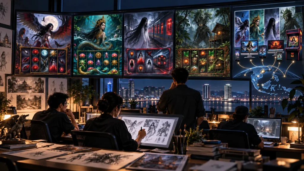DigiPlus Turns Filipino Horror IP Into a Five-Game Content Push Conceptual editorial illustration of a Manila game studio transforming Filipino folklore motifs into five digital gaming products.