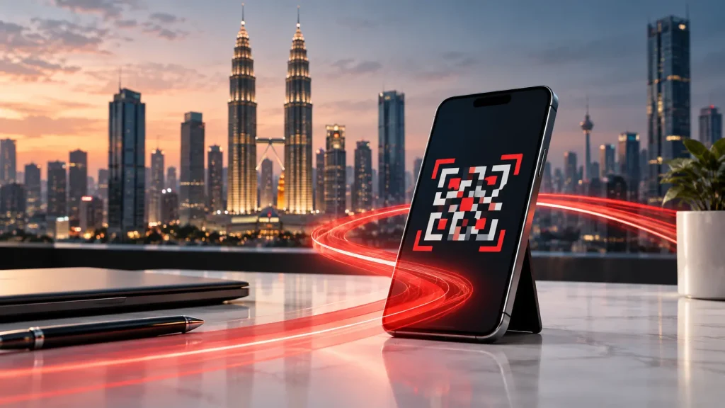 Conceptual smartphone payment illustration with Kuala Lumpur skyline and abstract QR pattern.