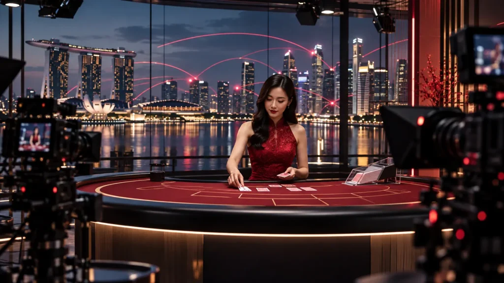 Evolution’s Visibility Across Singapore-Facing Casino Brands Unbranded live casino production studio with cameras and Singapore skyline reflected in glass.