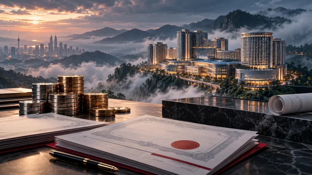 Conceptual editorial illustration of financial papers and metallic tokens beside dark resort architecture in misty Malaysian highlands.