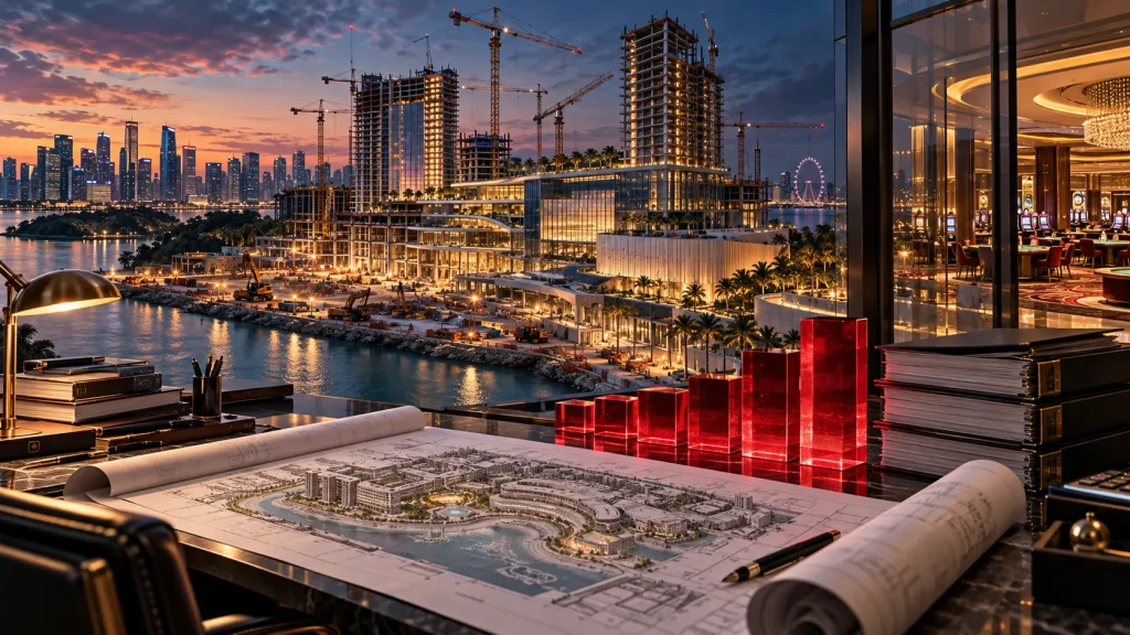 Genting Singapore Could Add Up to S$2 Billion of Debt for RWS 2.0 Conceptual editorial illustration of a Singapore waterfront resort expansion with construction cranes, financial ledgers and a rising debt curve.