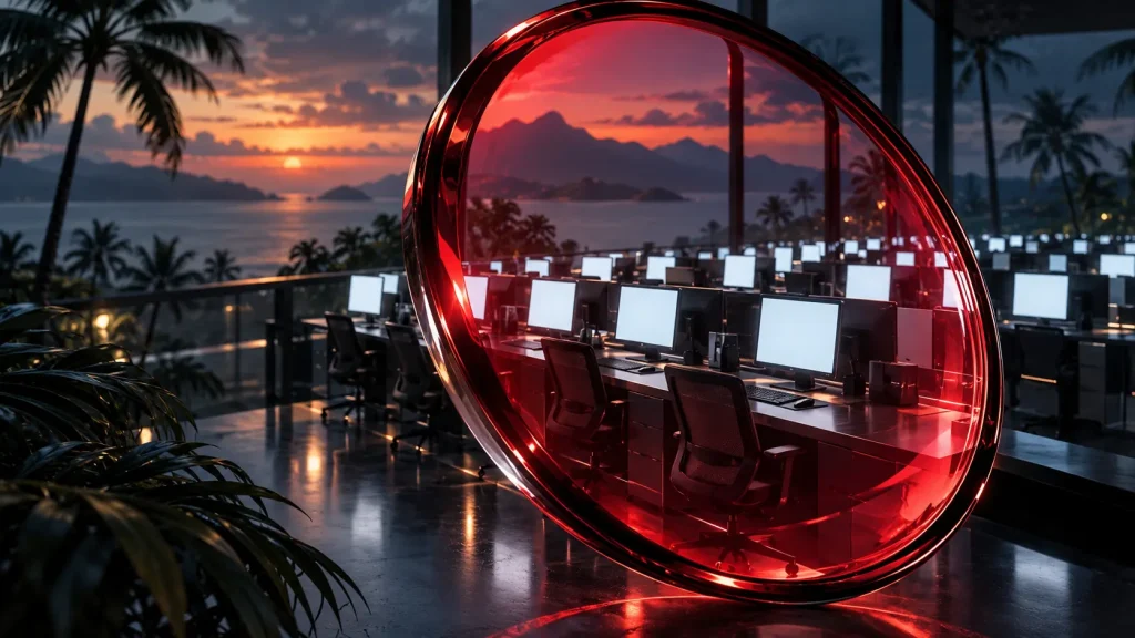 Conceptual illustration of anonymous computer workstations viewed through a red glass inspection lens beside a tropical Philippine coastline.