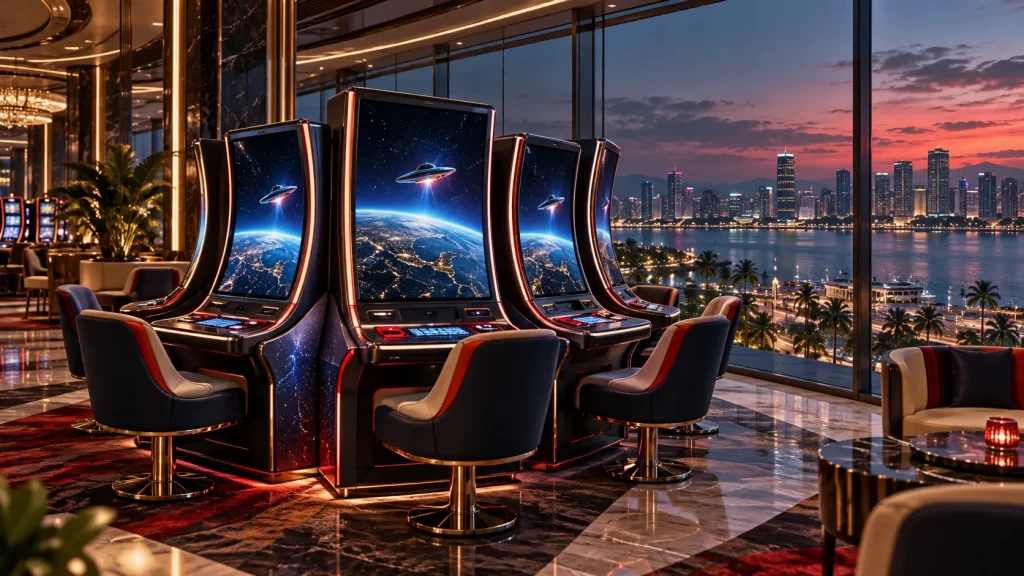 Interblock Plans Manila Debut for Battle for Earth Crash Game Conceptual editorial illustration of science-fiction-themed electronic gaming terminals in a contemporary casino overlooking a Manila-inspired skyline.