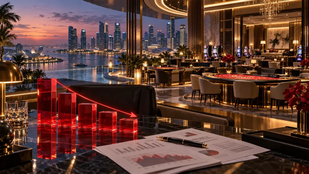 Marina Bay Sands Q3 EBITDA Drops 21% as Premium Gaming Softens Conceptual editorial illustration of a Singapore waterfront casino resort with premium gaming tables and descending red financial blocks.