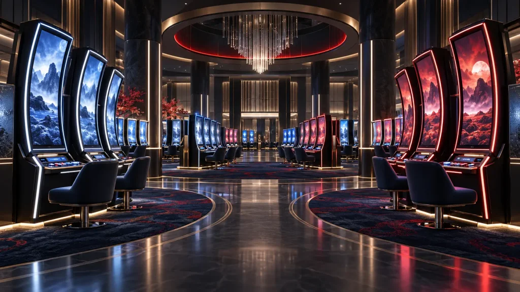 Okada Manila Opens 70-Machine Testbed for AGS and Aruze Games Conceptual editorial illustration of a dedicated new-game slot zone at a Manila integrated resort, with curved cabinets and illuminated display walls.