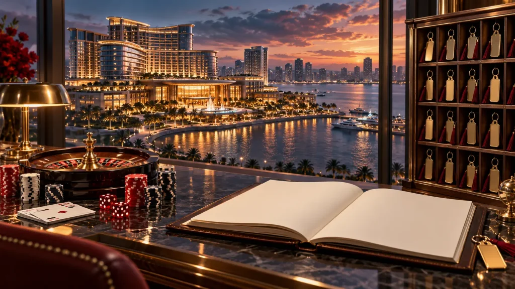 Okada Manila’s Mass-Table Growth Fails to Lift Third-Quarter EBITDA Conceptual editorial illustration of a casino table model, hotel keys and a ledger overlooking a Manila-inspired coastal resort.