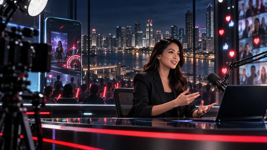 OnlyFun.PH Turns Creator-Led Gaming Into a Philippine Product Strategy Conceptual editorial illustration of a Filipino livestream host in a modern studio with audience interactions and a Manila-inspired night skyline.