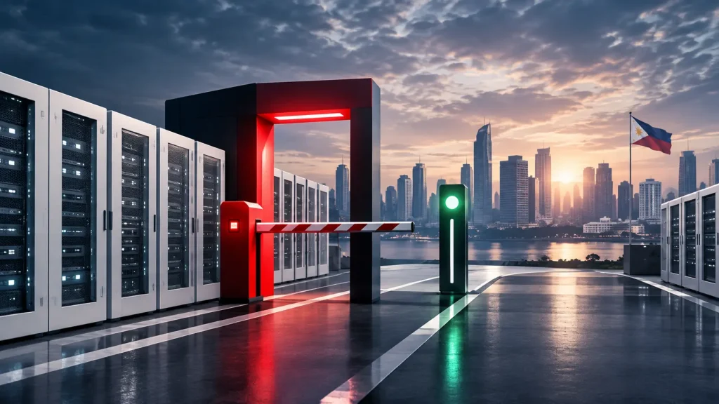 PAGCOR’s October Cut-Off Turns B2B Accreditation Into a Live Operating Test Conceptual CGI illustration of a regulated Philippine iGaming data centre checkpoint with server racks, a red compliance gate and a Manila skyline.