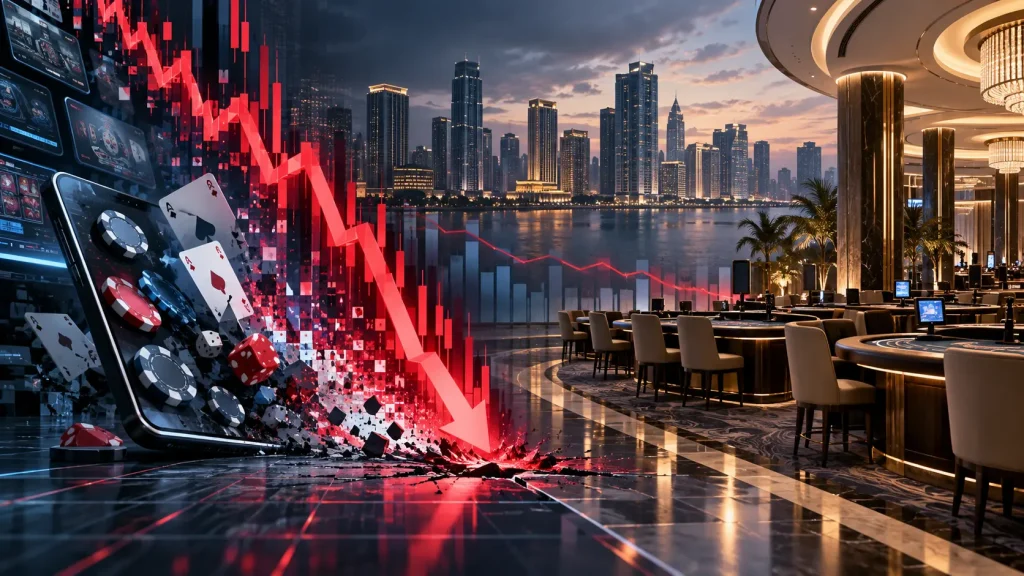 PAGCOR E-Gaming Revenue Drops 37% as Nine-Month Income Slides Conceptual editorial illustration of falling Philippine electronic gaming revenue beside a comparatively stable licensed casino sector.
