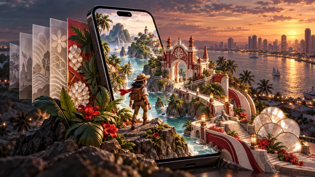 Casino Plus and Peter & Sons Signal a More Localised Future for Philippine Online Gaming Conceptual editorial illustration of bespoke mobile game content and a stylised Manila skyline.