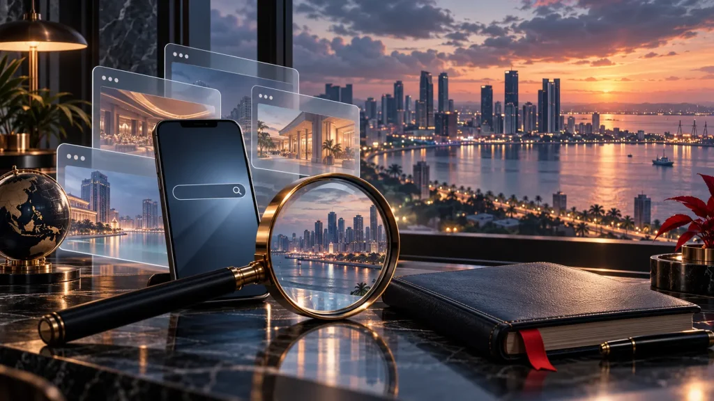 Philippine Gaming Search Demand Leads Blask’s September Ranking – What Can Businesses Infer? Conceptual editorial illustration of a search analyst’s workstation, smartphone and financial ledger overlooking a Manila-inspired bay skyline.