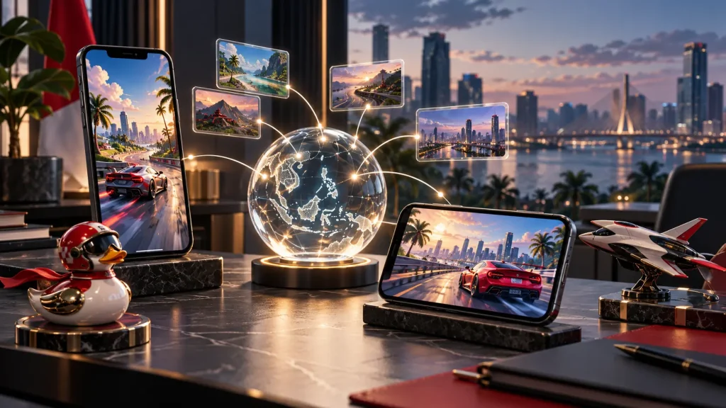 QTech Adds Solidicon’s Crash and Virtual Games in New Distribution Deal Conceptual editorial illustration of mobile game devices, racing miniatures and a content distribution hub in a Manila-inspired studio.