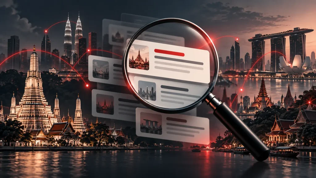 Southeast Asia iGaming: SEO Is Not Dead – It Is Becoming More Local Editorial illustration of local search discovery across Southeast Asian cities.