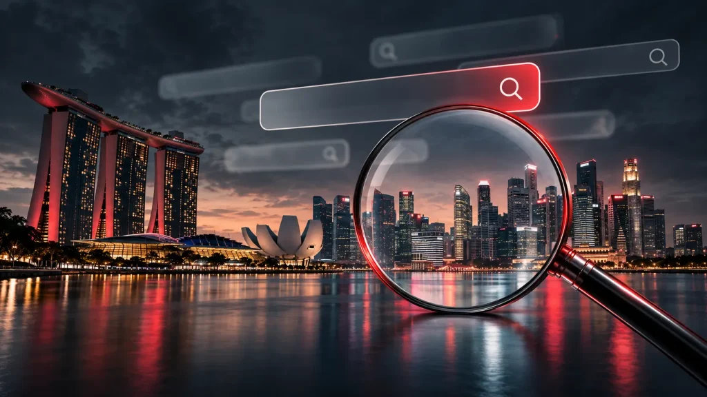 Singapore waterfront with conceptual search overlays illustrating market research.