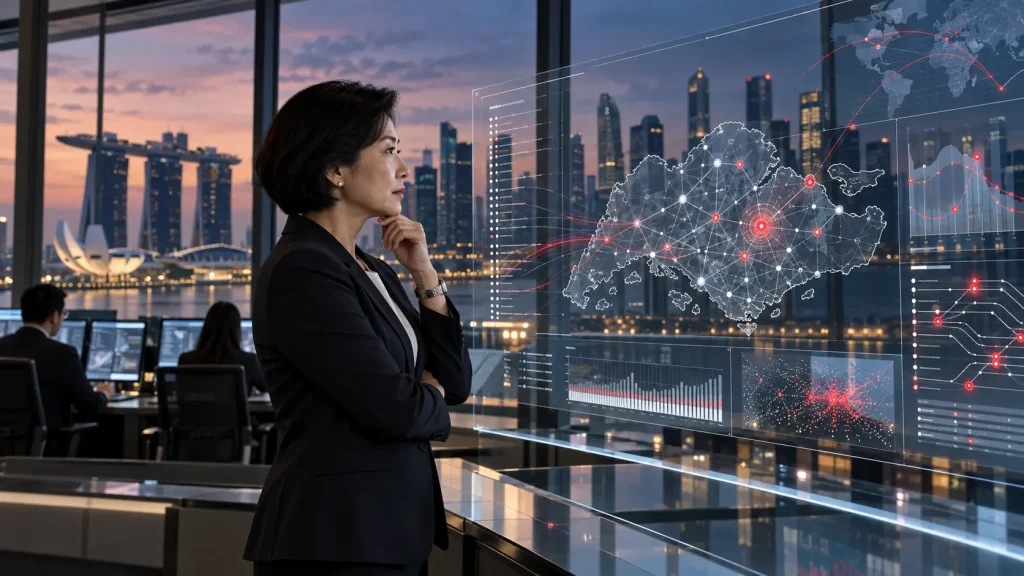 Conceptual editorial illustration of a Singapore regulator reviewing anomaly patterns and network data above the city skyline.