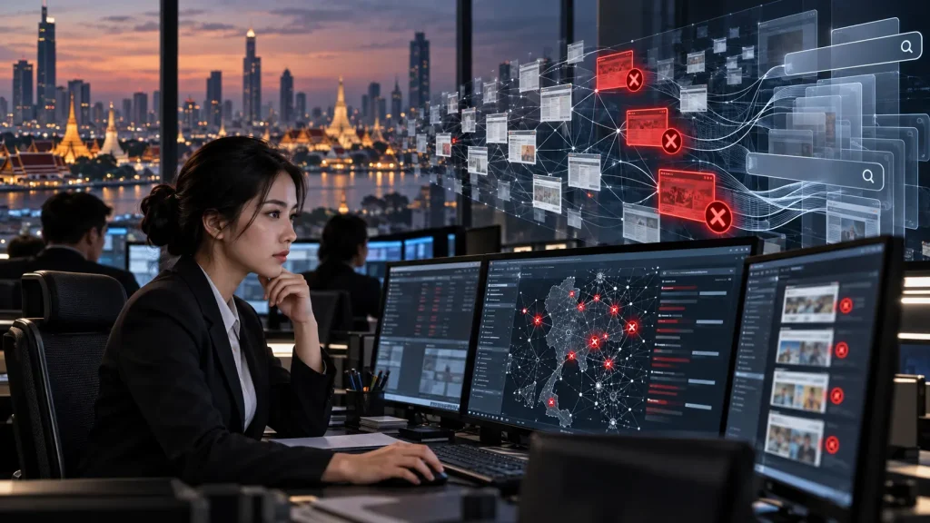 Conceptual editorial illustration of a Thai regulatory analyst mapping blocked web pages and search pathways above Bangkok.