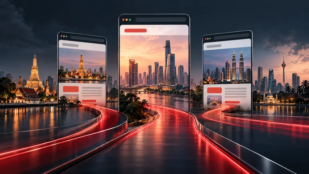 Why Country-Specific Asian Funnels Matter to Global Casino Brands Conceptual browser windows connecting to different Southeast Asian urban settings.